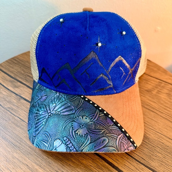 Hand Burned Custom Trucker Hat with Butterly Tooled Leather - Picture 2 of 3